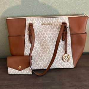 Michael Kors Brown and White Signature Tote includes Wallet